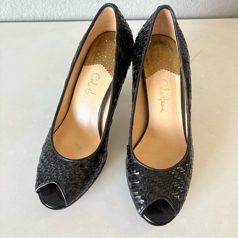 Cole Haan Black Woven Peep Toe Pumps High Heels Women’s Size 6 B